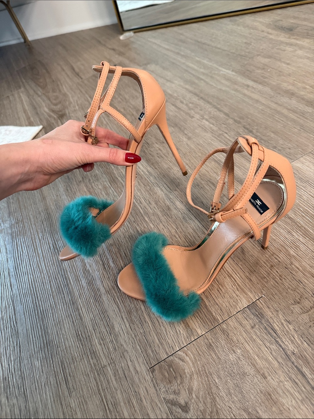 Elisabetta Frachi Ankle-Strap Sandals with Forest Green Fur Accent - size 28